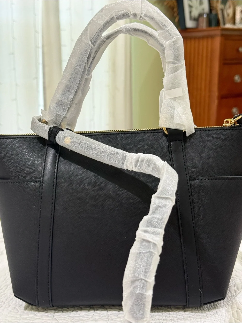 New Michael Kors Black Saffiano Tote with Gold Logo Charm